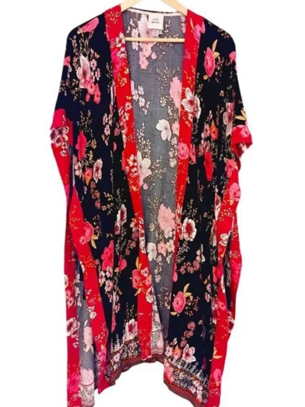 🆕 Black Boho Floral Print Kimono Coverup Duster Layer Cardigan Robe Wrap Scarf